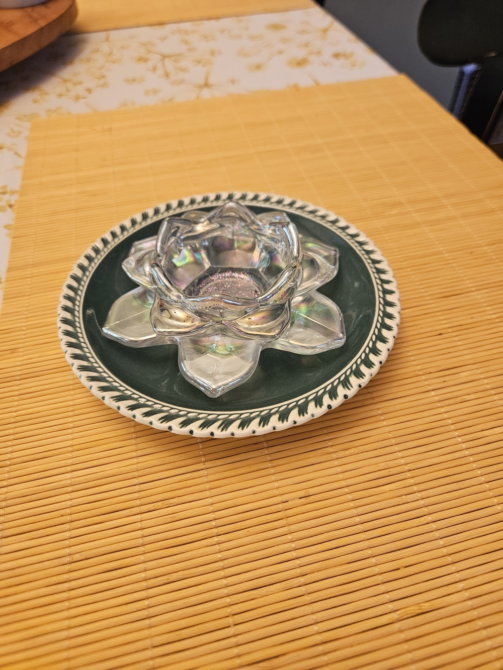 Summer Cleareance Glass Lotus Tea Light Holder on Green Rim Plate: Upcycled